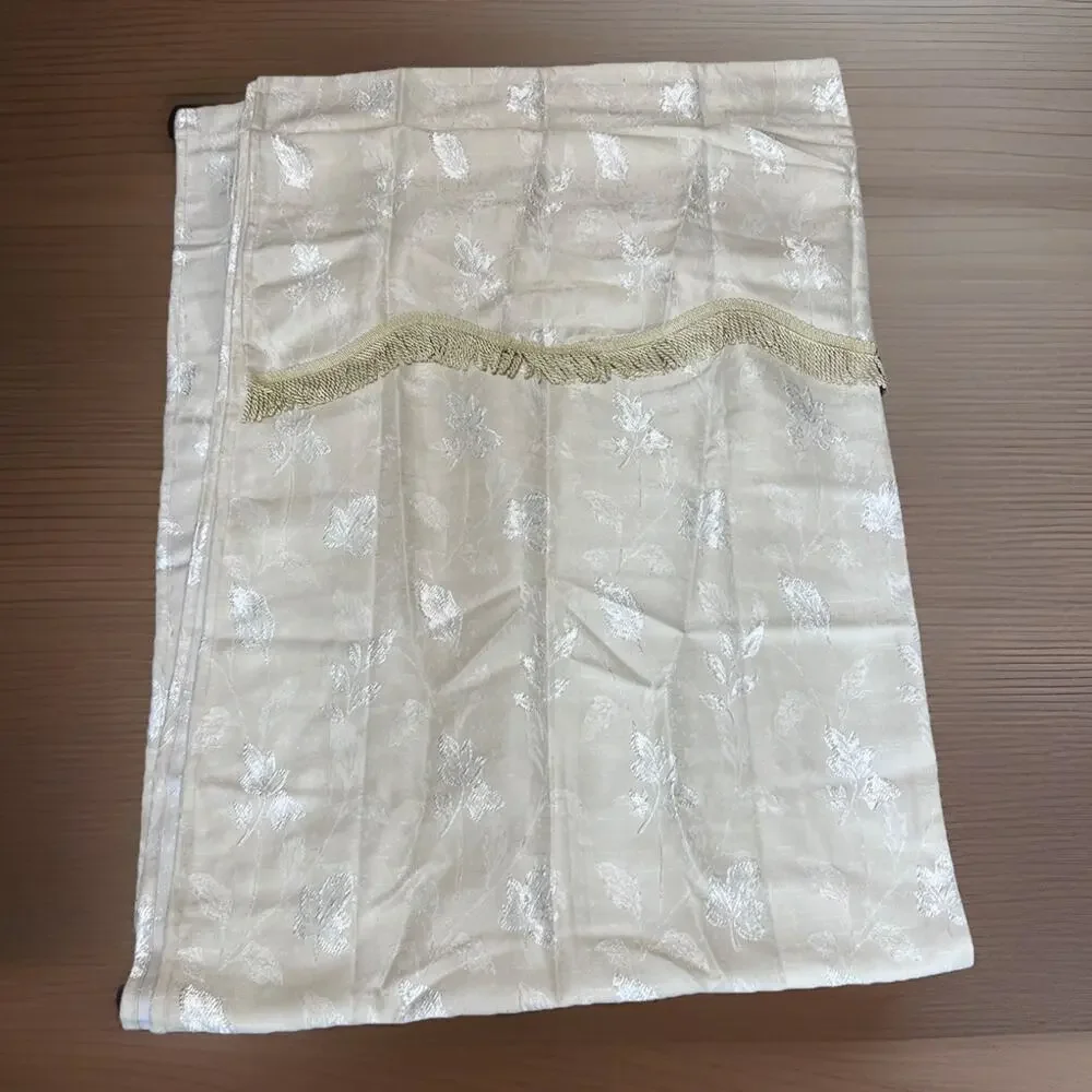 Vtg Damask Floral Jacquard 1 CURTAIN PANEL Ivory Beige attached Fringe Valance